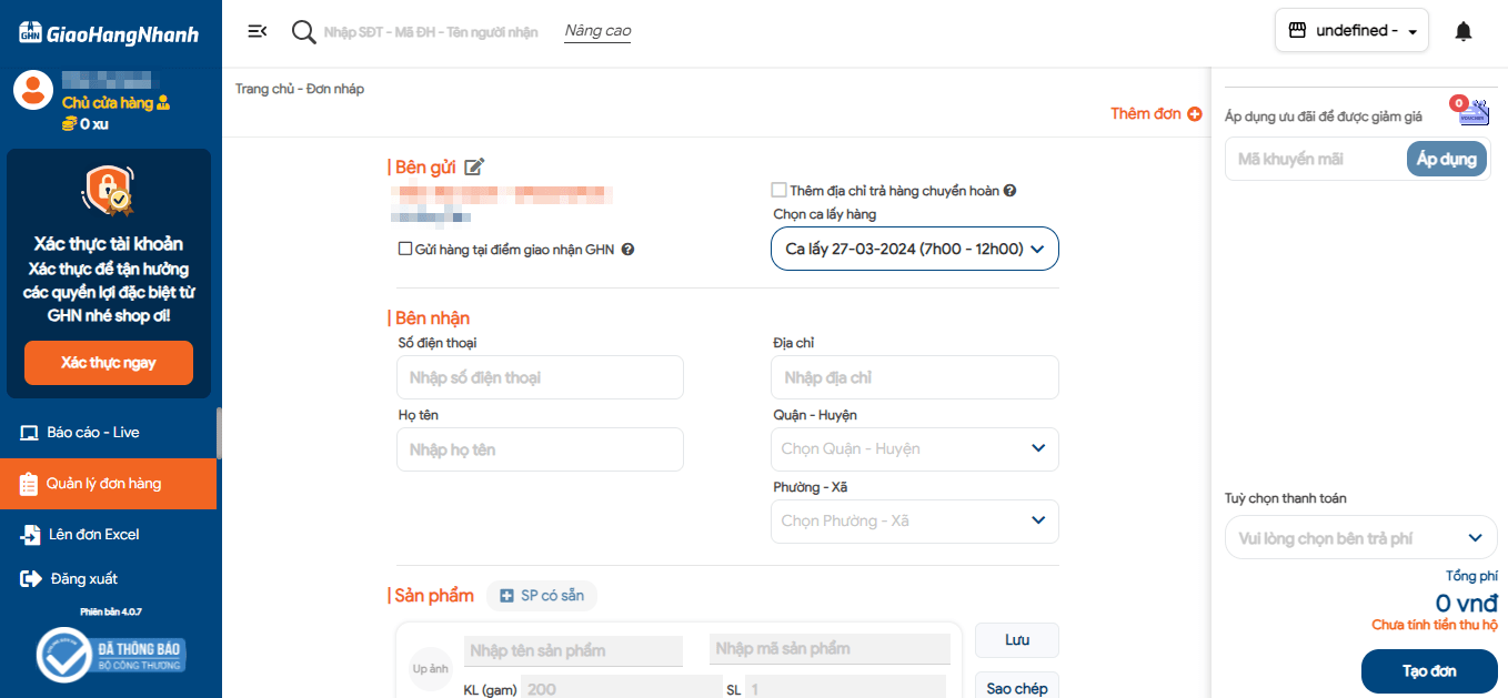 Điền đầy đủ thông tin