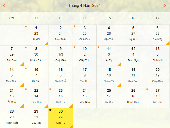 tháng 4 Dương lịch có 30 ngày