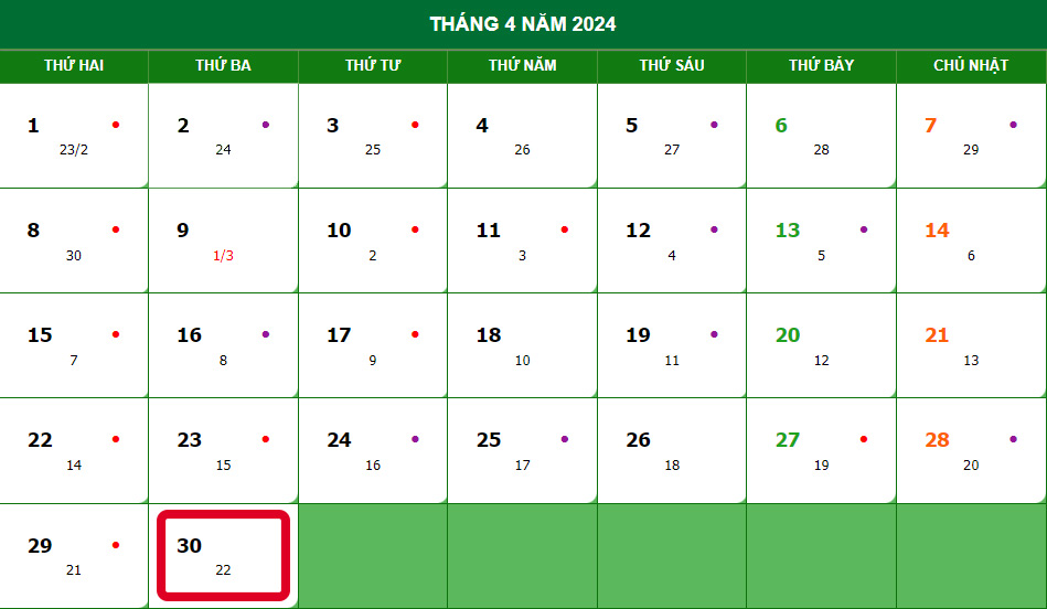 30/4 năm nay rơi vào thứ Ba