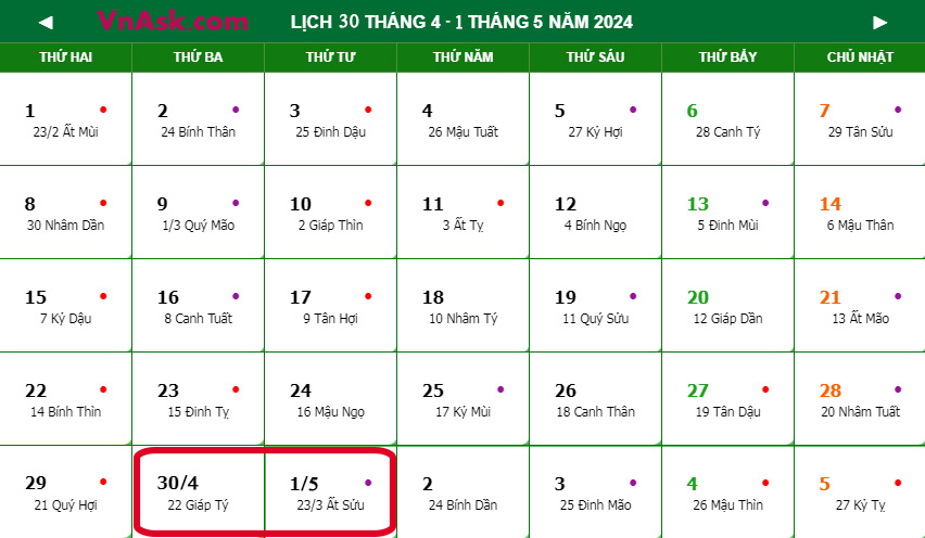 Lịch nghỉ lễ 30/4 và 1/5