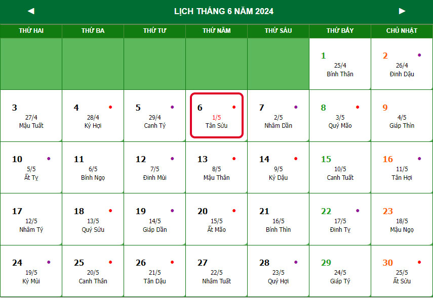 Lịch tháng 5/2024 Âm lịch