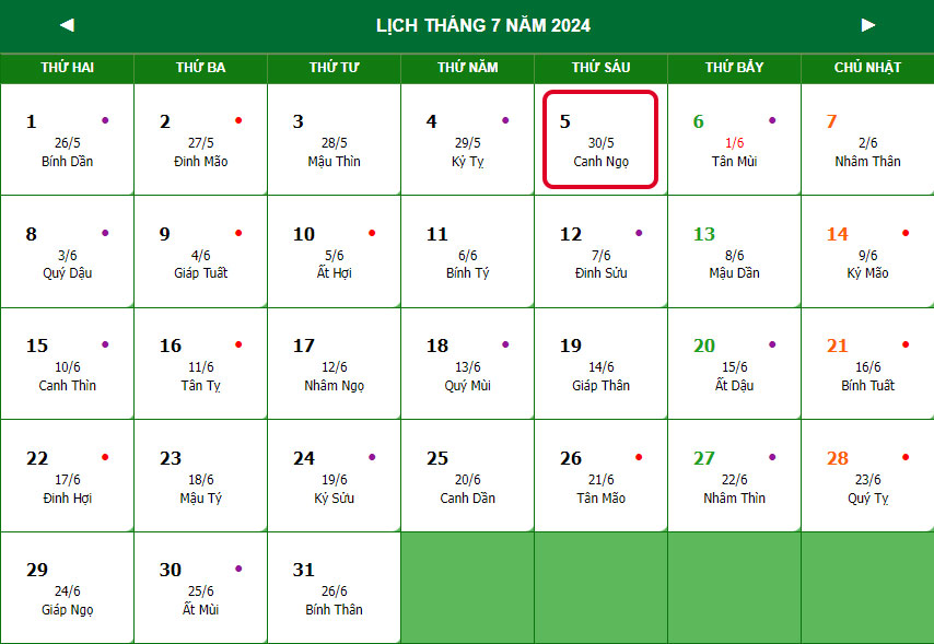 Lịch tháng 5/2024 Âm lịch