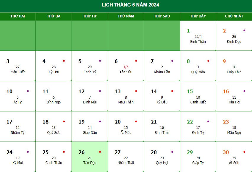 Lịch tháng 6