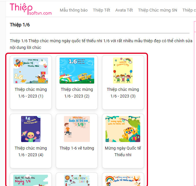 Truy cập vào trang web: https://thiep.softvn.com/thiep-1-6 → Chọn mẫu thiệp 1/6 bạn muốn làm.