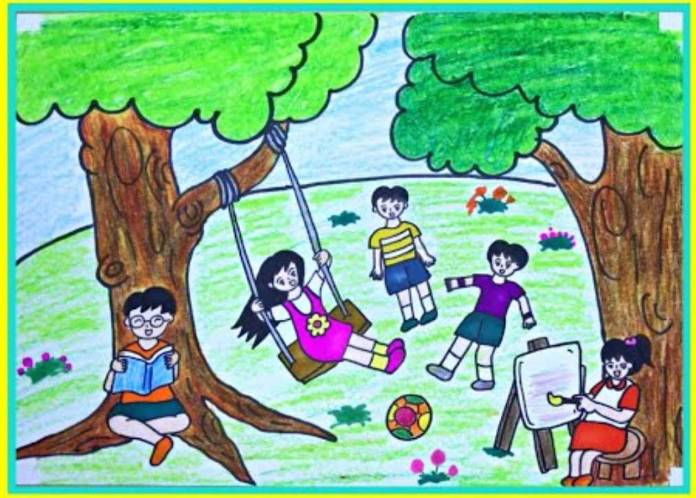 Tranh vẽ Tết Thiếu nhi trẻ em vui chơi bên nhau