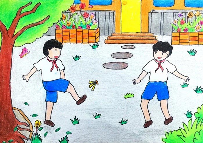 Tranh vẽ Tết Thiếu nhi trẻ em đá cầu