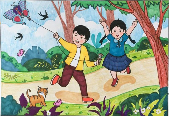 Tranh vẽ Tết Thiếu nhi trẻ em thả diều