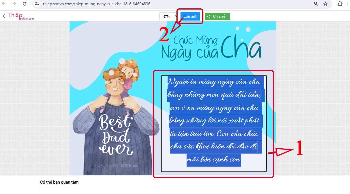 Click vào phần ô viết lời chúc → Nhập lời chúc ngày của Cha vào → Nhấn Lưu ảnh