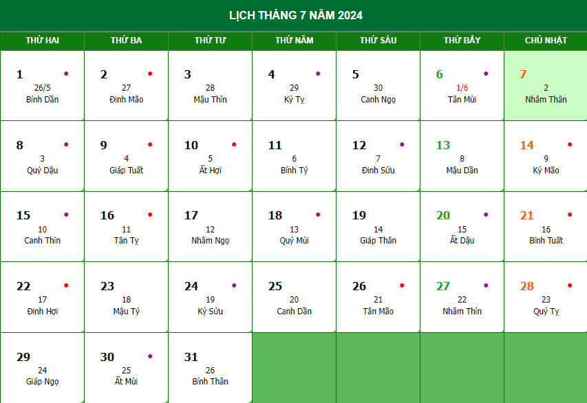 Lịch tháng 7 năm 2024 Dương lịch