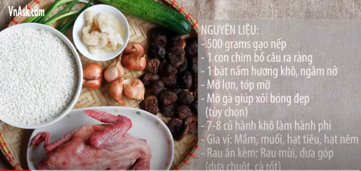 Nguyên liệu làm xôi chim bồ câu nấm hương