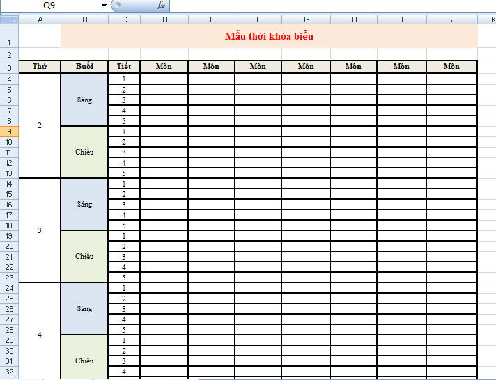 Thời khóa biểu Excel đẹp
