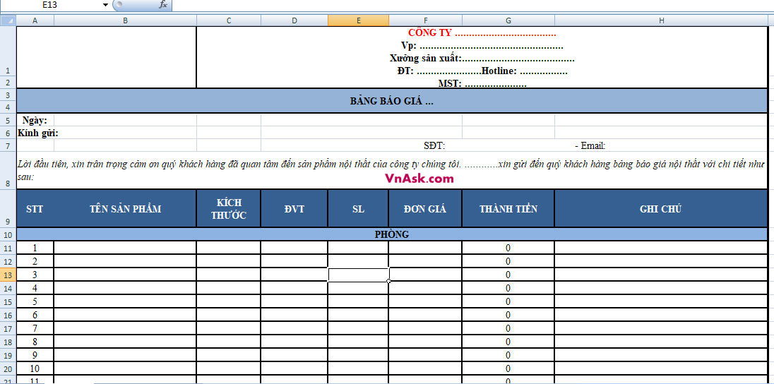 Mẫu bảng báo giá Excel thông dụng