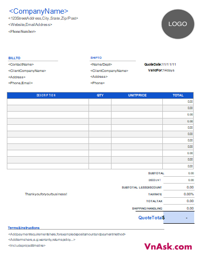 Báo giá bằng tiếng Anh file mẫu