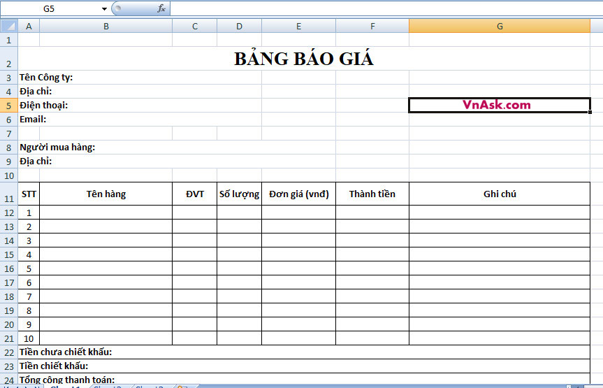 Mẫu bảng báo giá Excel đơn giản