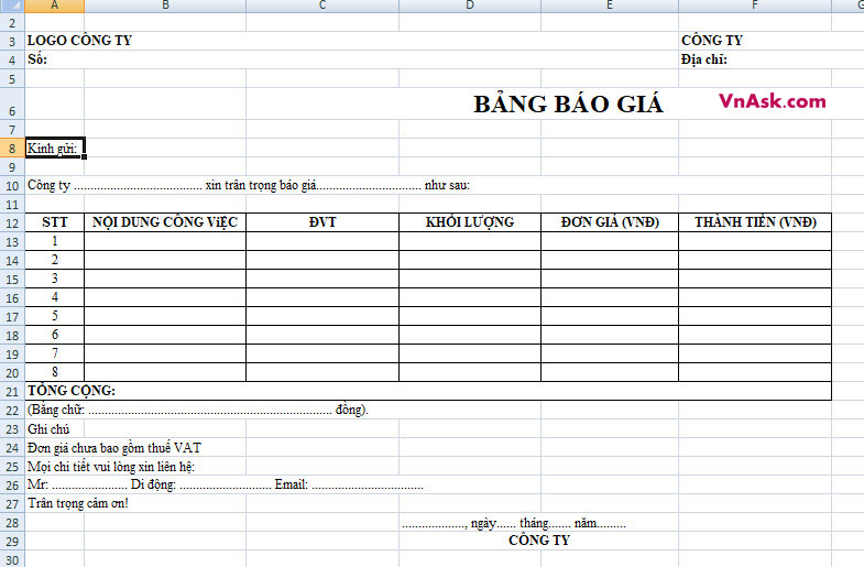 Mẫu bảng báo giá Excel đẹp