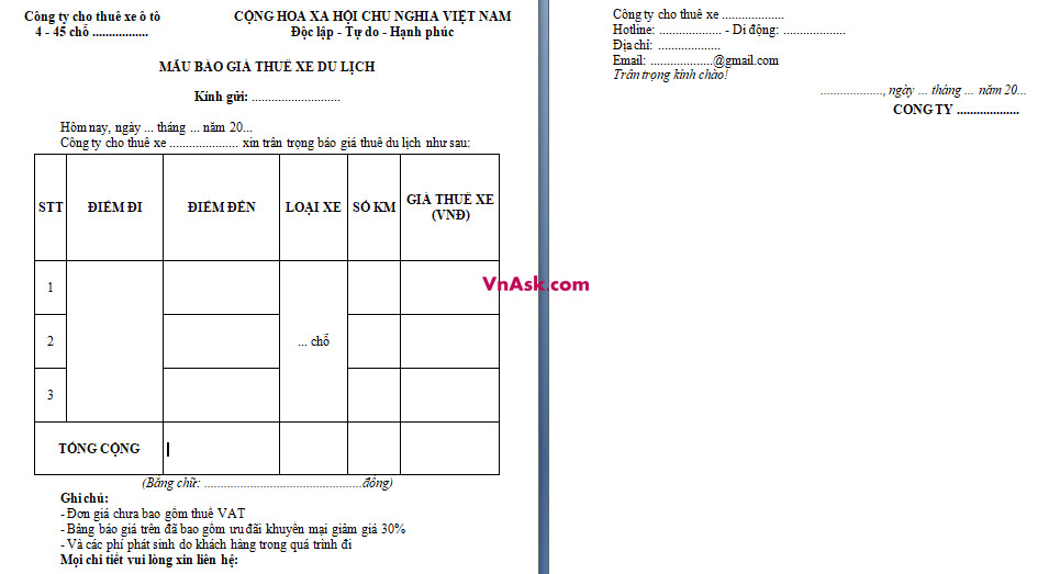 Mẫu bảng báo giá bằng Word