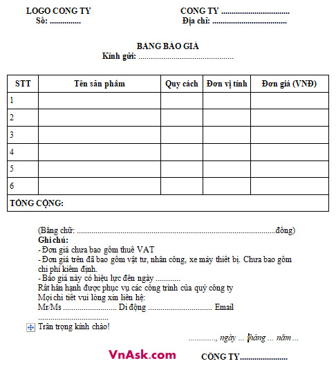 Mẫu báo giá bằng Word