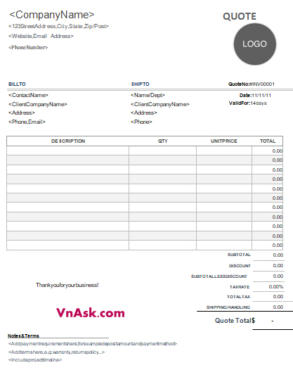 Bảng mẫu báo giá bằng tiếng Anh