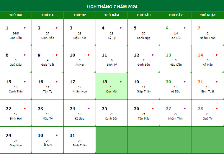 Lịch ngày 18 tháng 7 năm 2024