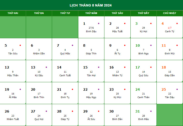 Lịch tháng 8 năm 2024