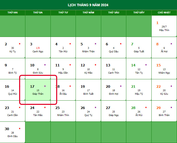 Lịch Trung Thu 2024