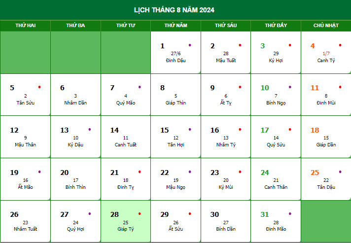 Lịch tháng 8