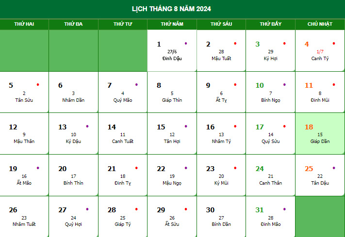 Lịch tháng 7 - Rằm tháng 7