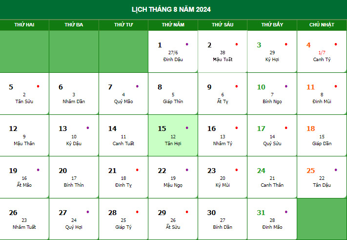 Lịch tháng 8