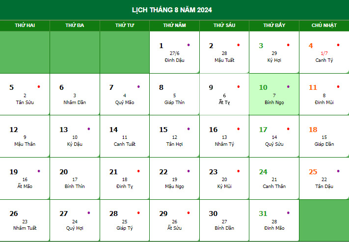 Tìm hiểu 10 tháng 8 Dương là thứ mấy