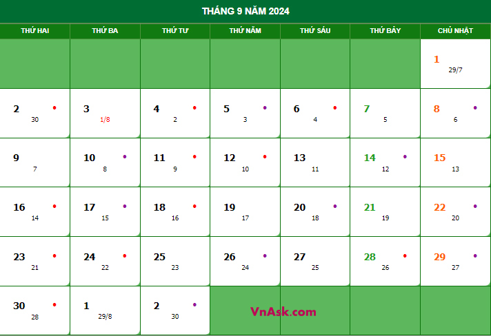 Lịch tháng 8 Âm lịch