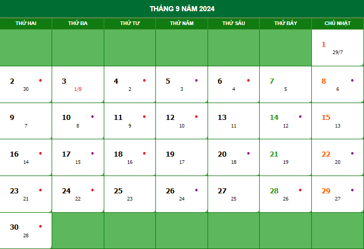 Lịch tháng 9 Dương
