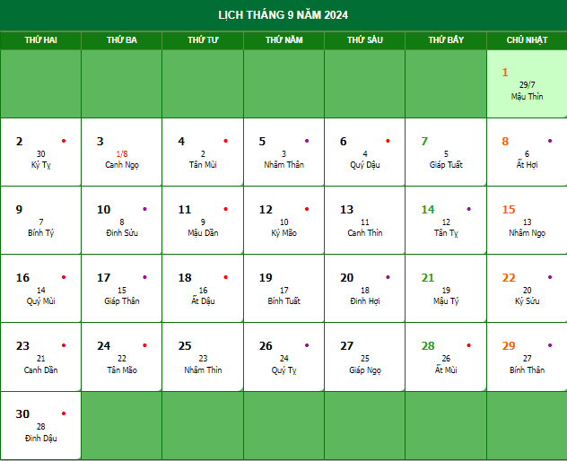 Lịch mùng 1 tháng 9