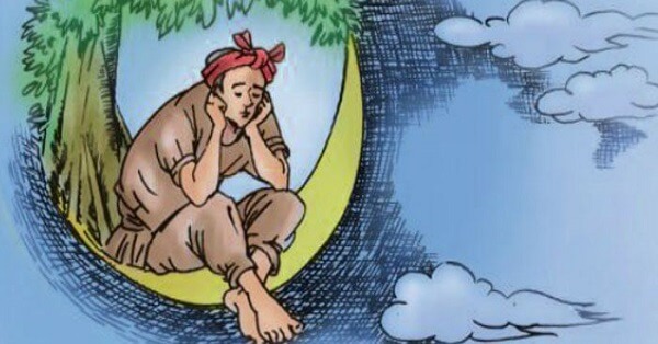 Tranh vẽ chú Cuội ngồi buồn