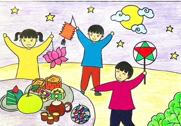 Hình vẽ mâm cỗ Tết Trung Thu