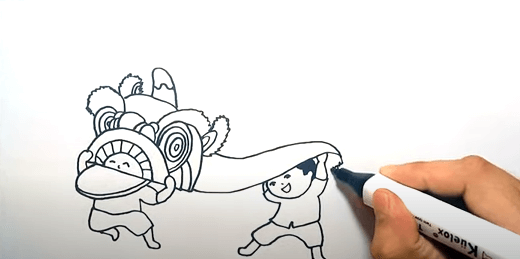 Vẽ hình lân được múa bởi 2 bé trai