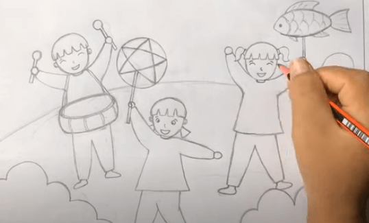 Vẽ bé gái cầm đèn cá chép