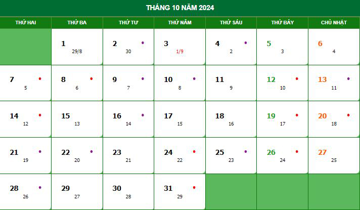 Lịch tháng 10 Dương