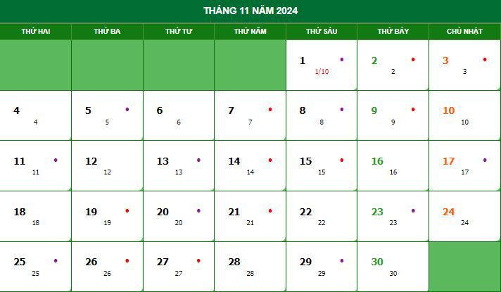 Lịch tháng 10 Âm
