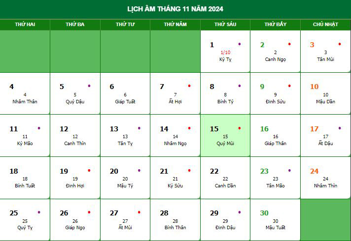 Lịch tháng 10 Âm
