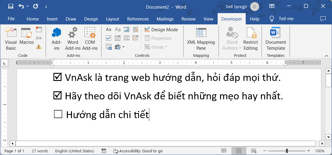 Cách chèn ô vuông trong Word